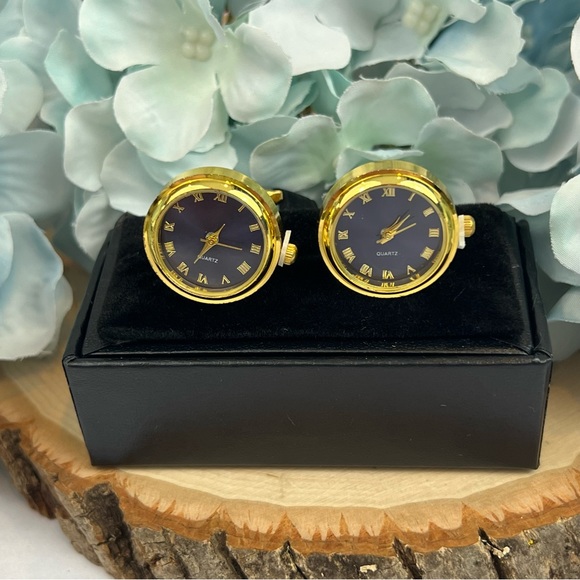 Elegant Ocean Blue and Gold Quartz Watch Cufflinks - Picture 3 of 16